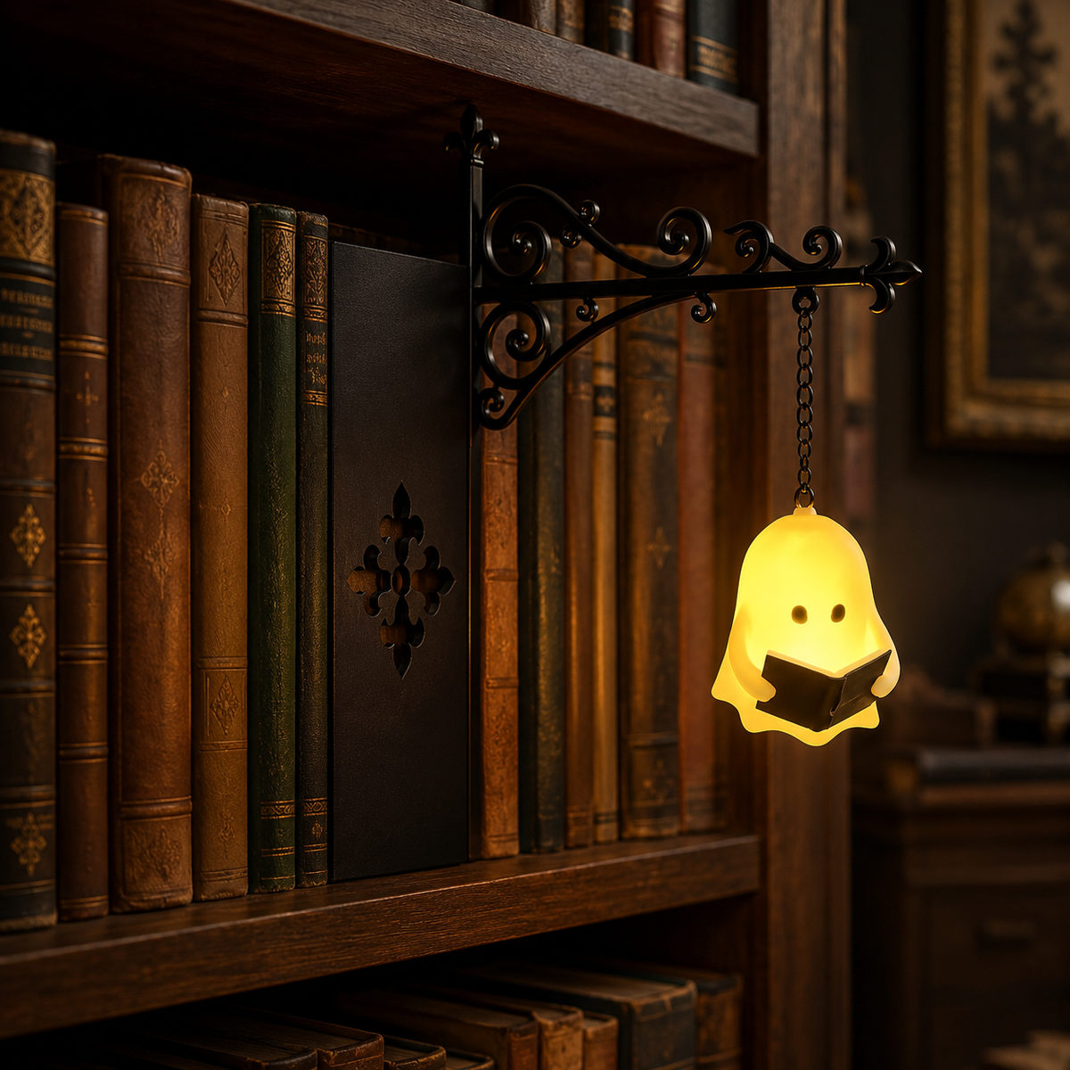 Wisp — the reading ghost, glowing on the shelf
